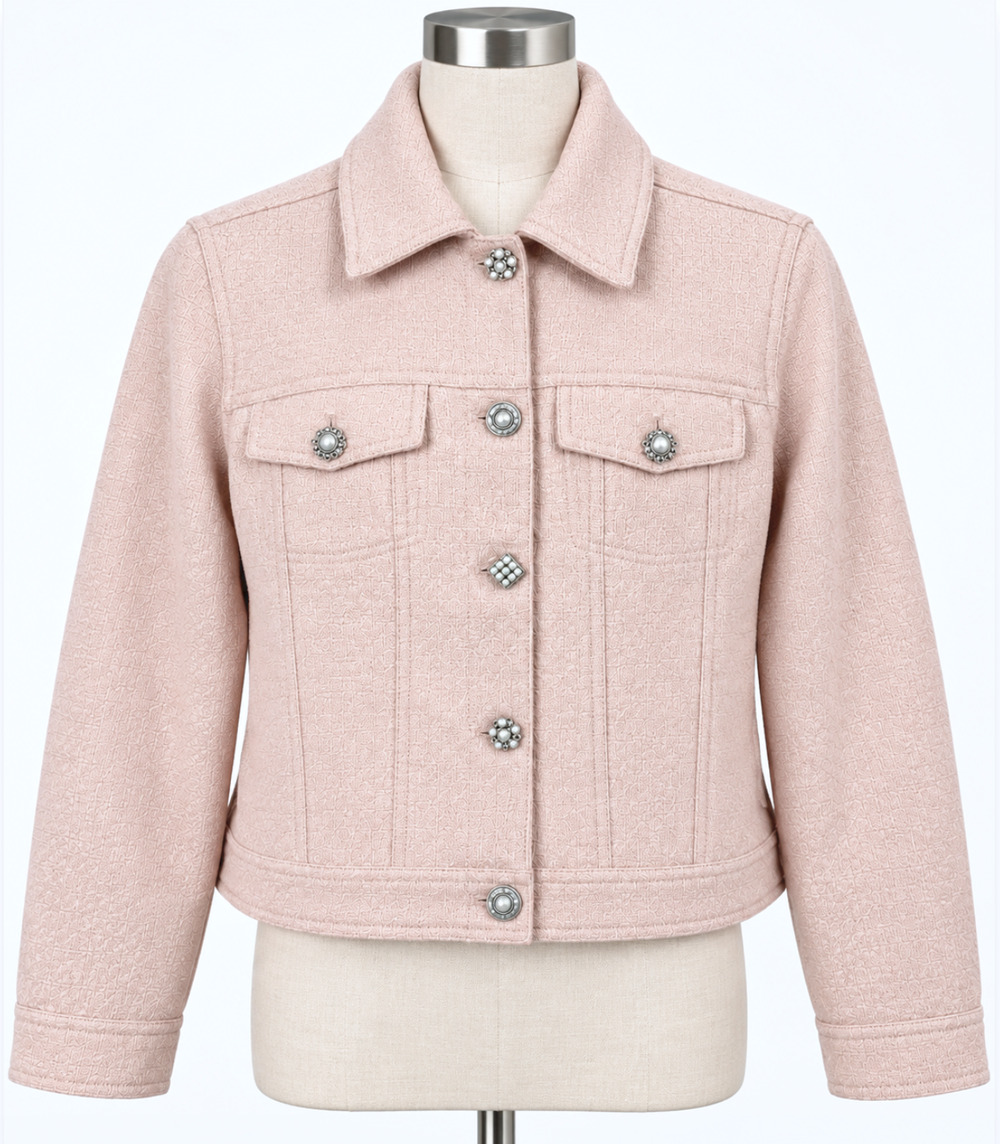 NWT CHICO'S $179 BLUSHED PINK BOUCLE DECORATIVE BUTTON CASUAL JACKET SZ 1 US M